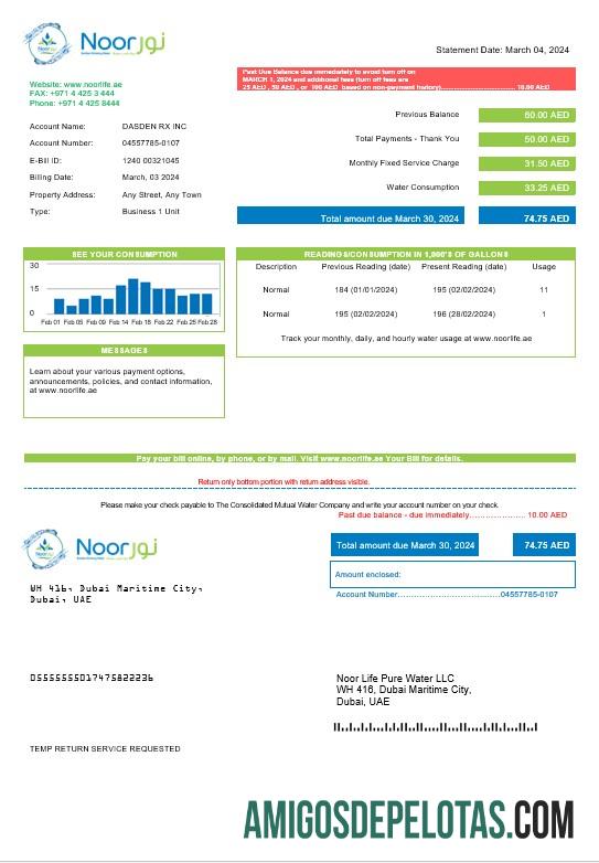 Para baixar modelo de fatura de serviços públicos comerciais dos Emirados Árabes Unidos Noor Life Pure Water LLC em formatos Word e PDF